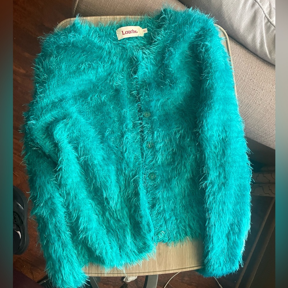 Louche Fluffy Eyelash Cropped Cardigan Size L Turquoise Blue